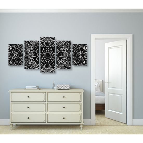 5-dielny obraz čiernobiela Mandala v indickom štýle