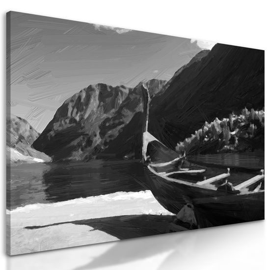 Obraz maľovaná vikingská loď v čiernobielom prevedení