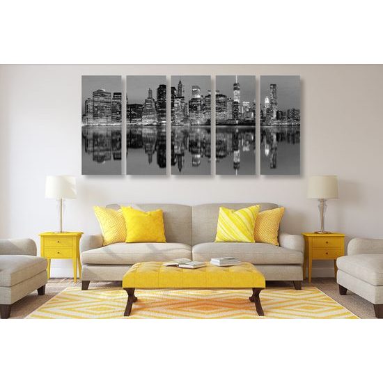 5-dielny obraz nočný Manhattan v čiernobielom prevedení