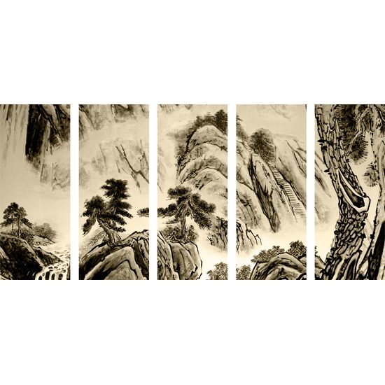 5-dielny obraz maľba činskej prírody v sépiovom prevedení