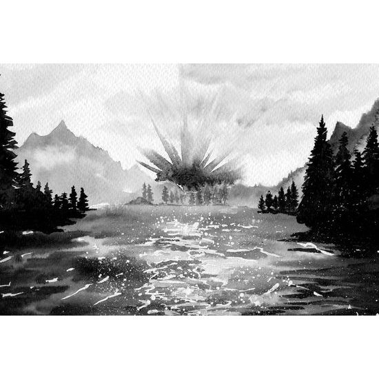 Obraz maľovaná horská krajinka v čiernobielom prevedení