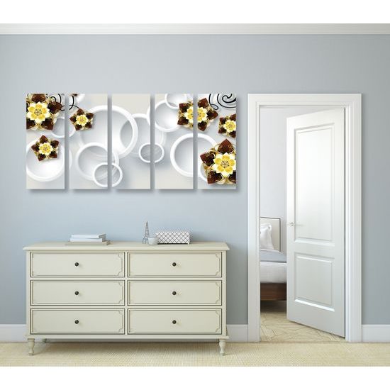 5-dielny obraz zlaté kvety na abstraktnom pozadí