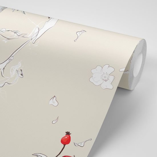 Samolepiaca tapeta vtáčiky v šípkových kríkoch na béžovom pozadí