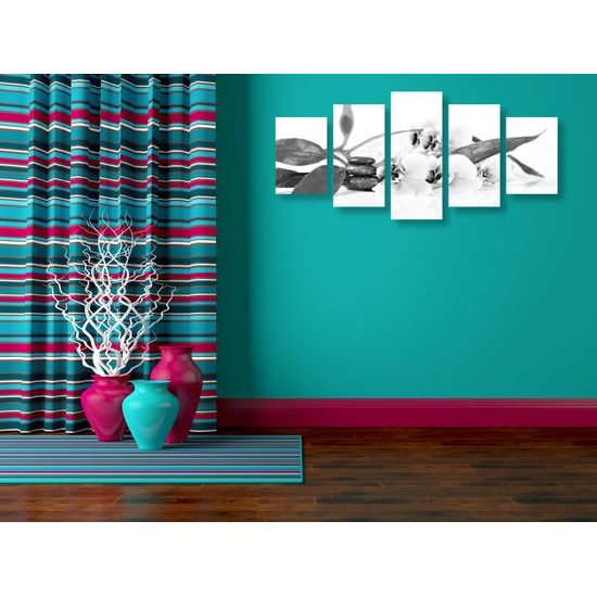 5-dielny obraz ukľudňujúce Zen zátišie s kvetmi orchidei v čiernobielom prevedení