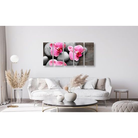 5-dielny obraz kvety orchidei na drevenom pozadí
