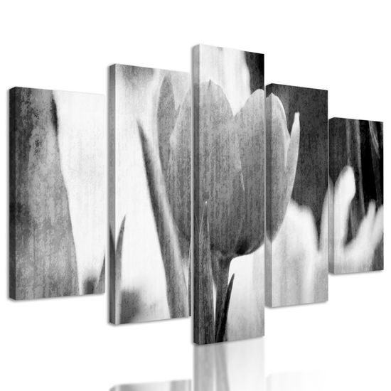 5-dielny obraz divý tulipán vo vintage štýle v čiernobielom prevedení