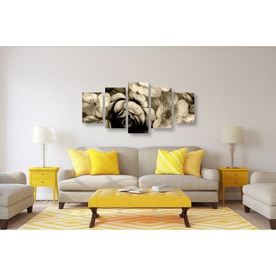 5-dielny obraz abstraktná maľba kvetín v sépiovom prevedení