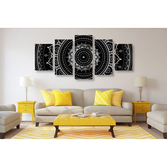 5-dielny obraz magická Mandala v čiernobielom prevedení