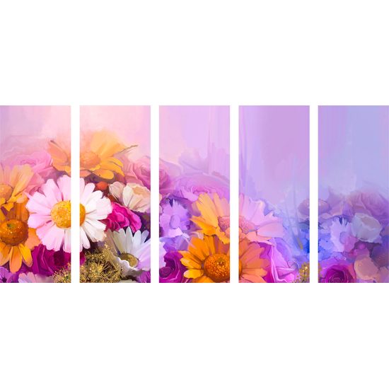 5-dielny obraz olejomaľba kvetov v pastelových odtieňoch