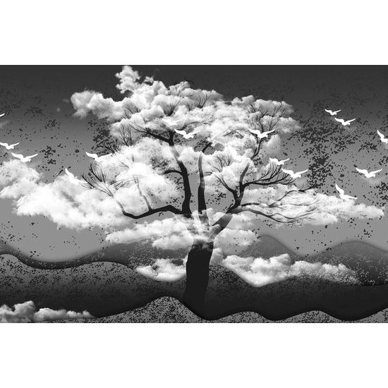 Obraz japonský strom v čiernobielom prevedení
