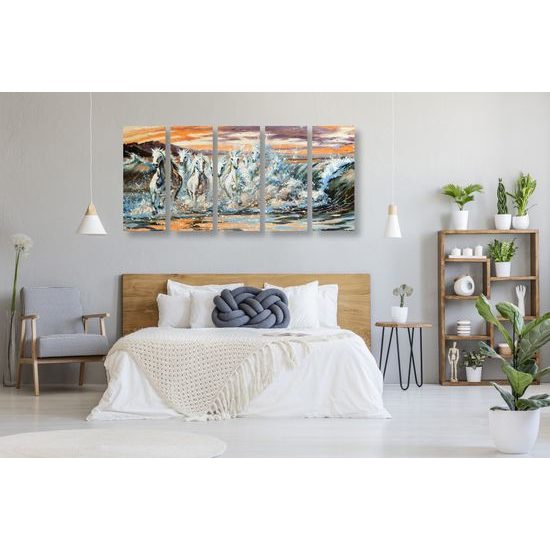 5-dielny obraz kone brodiace sa vo vode