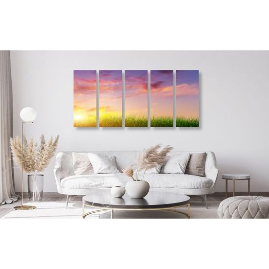 5-dielny obraz nádherný západ slnka za strom v tvare srdca