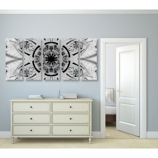 5-dielny obraz futuristická Mandala v čiernobielom prevedení