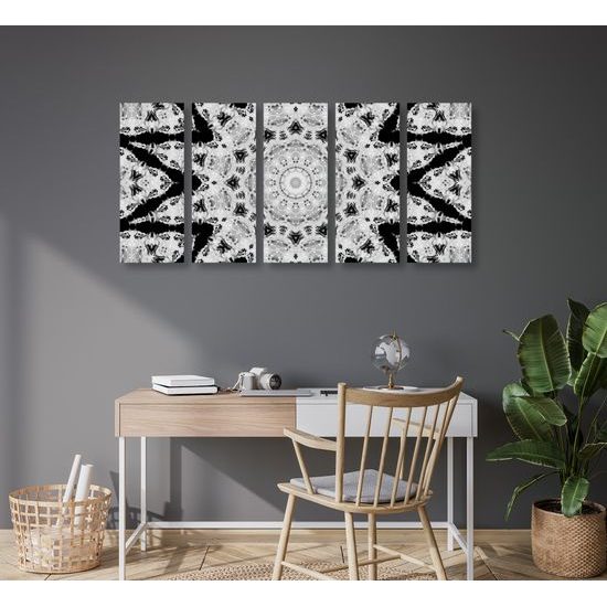 5-dielny obraz nevšedná mandala v čiernobielom prevedení