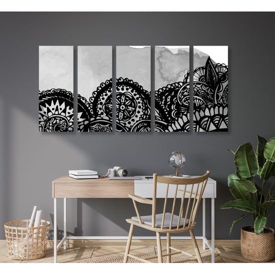 5-dielny obraz zaujímavá čiernobiela Mandala