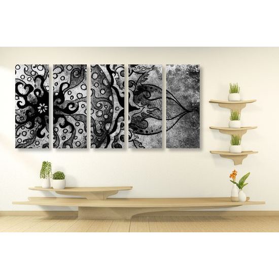 5-dielny obraz slnečná Mandala v čiernobielom prevedení