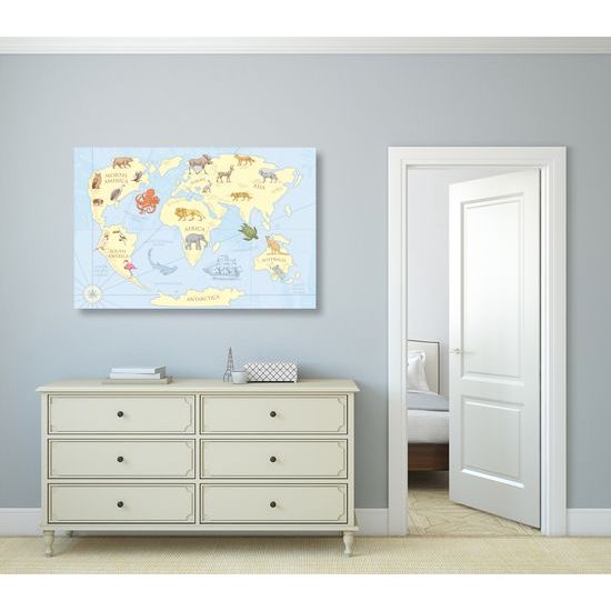 Obraz kreslená mapa sveta s zvieratami