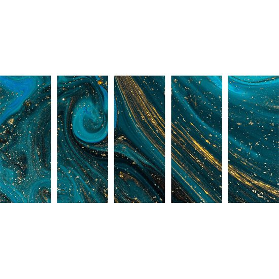 5-dielny obraz abstrakcia v petrolejovo zlatých farbách