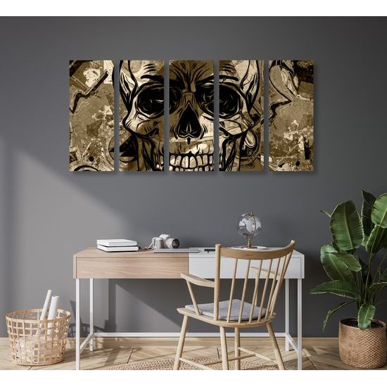 5-dielny obraz abstraktná lebka v sépiovom prevedení