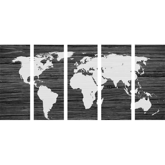 5-dielny obraz čiernobiela moderná mapa sveta na drevenom podklade