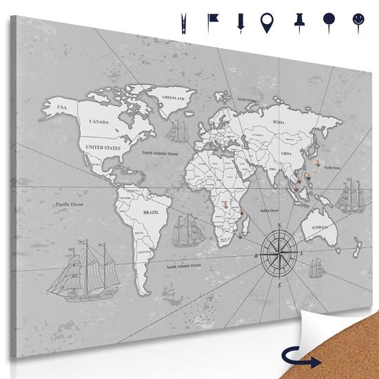 Obraz na korku čiernobiela mapa sveta pre dobrodruhov