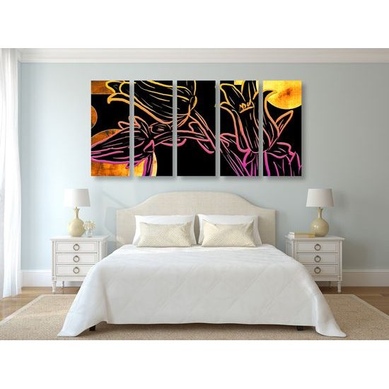 5-dielny obraz kvety v abstraktnom neónovom prevedení