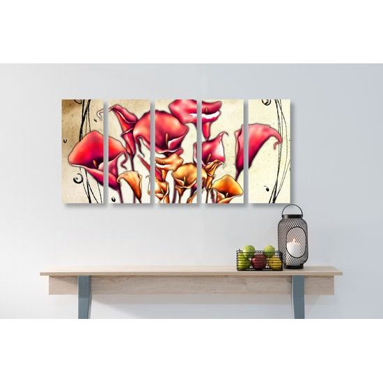 5-dielny obraz nevšedné kvety v abstraktnom prevedení