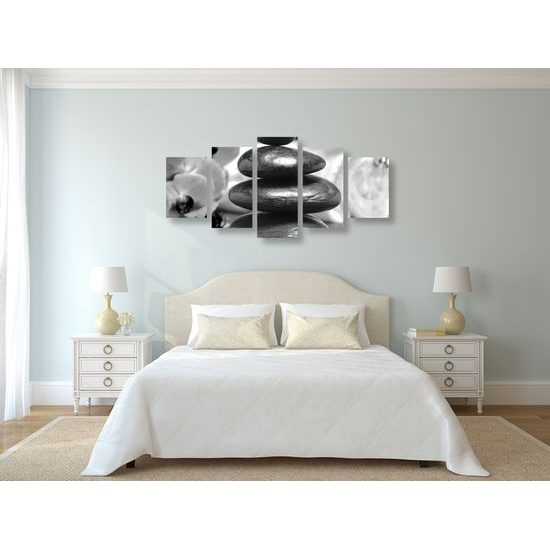 5-dielny obraz meditačné Zen kamene v čiernobielom prevedení