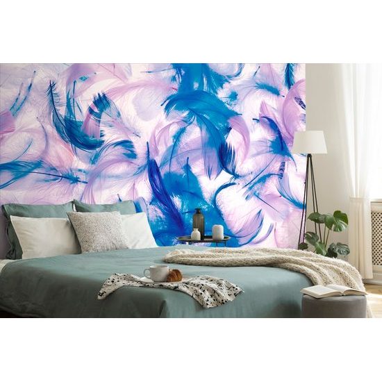 Nádherná samolepiaca tapeta modro-fialové pierka