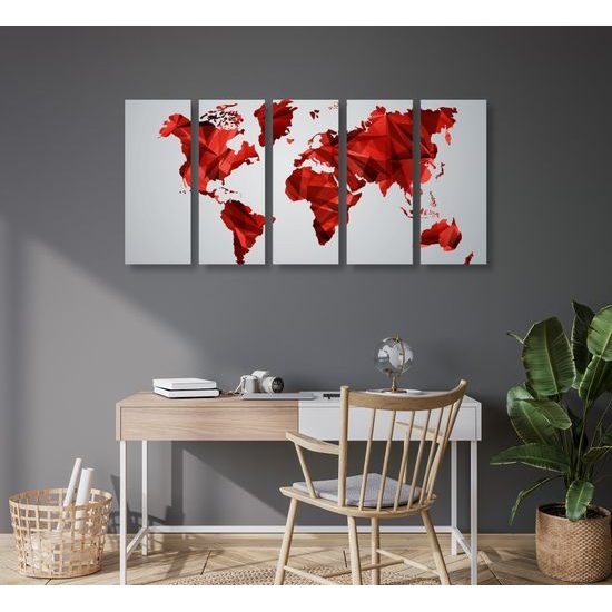 5-dielny obraz mapa sveta tovrená polygonmi v červenom prevedení
