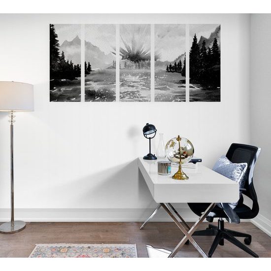 5-dielny obraz maľovaná horská krajinka v čiernobielom prevedení