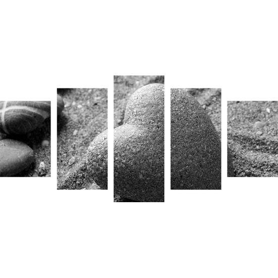 5-dielny obraz Zen kameň ako znak lásky v čiernobielom prevedení
