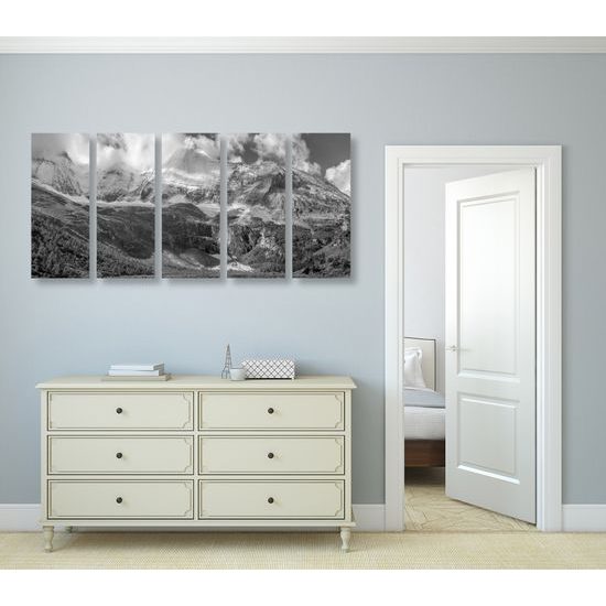5-dielny obraz dychberúce hory v čiernobielom prevedení