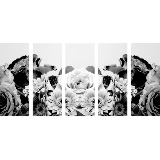 5-dielny obraz pôvabná kvetinová kompozícia v čiernobielom prevedení