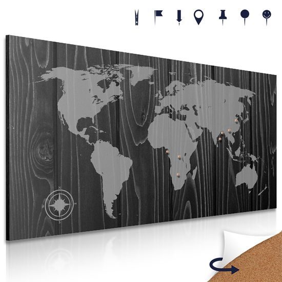 Obraz na korku čiernobiela mapa sveta na dreve v luxusnom prevedení