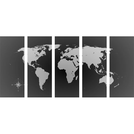 5-dielny obraz moderná mapa sveta v čiernobielom prevedení