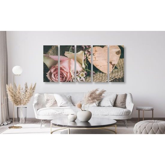 5-dielny obraz zátišie s ružou a srdiečkom