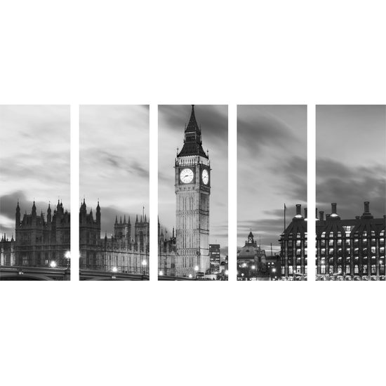 5-dielny obraz nasvietený Big Ben v čiernobielom prevedení