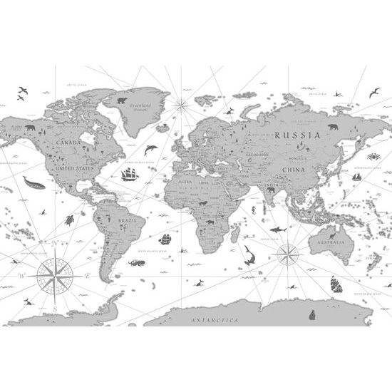 Obraz mapa sveta s historickým nádychom v čiernobielom prevedení
