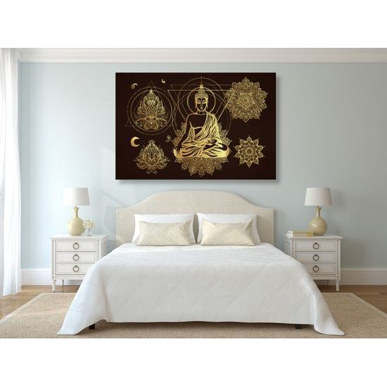Obraz meditujúci Budha so zlatými ornamentami