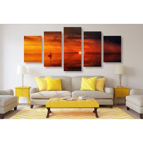 5-dielny obraz loďka a nádherný západ slnka