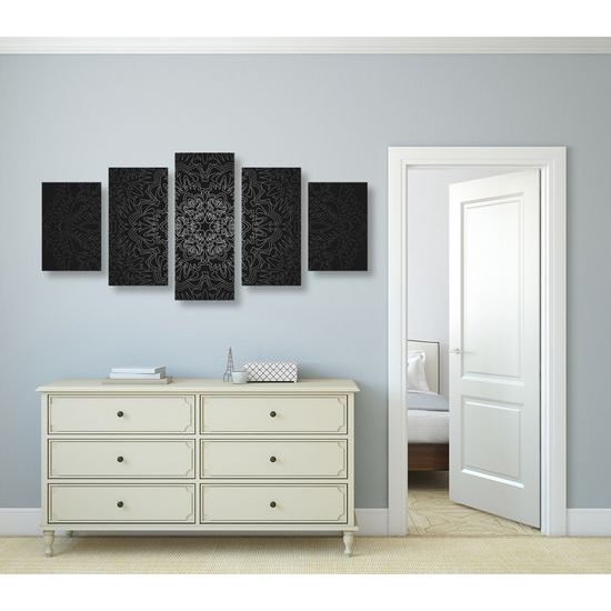 5-dielny obraz exotická Mandala v čiernobielom prevedení