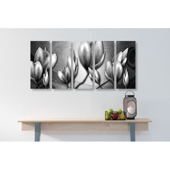 5-dielny obraz čiernobiele vintage kvety