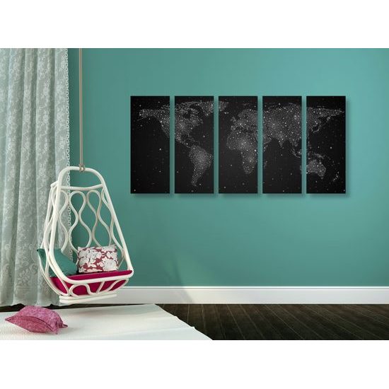 5-dielny obraz mapa sveta na nočnej oblohe v čiernobielom prevedení