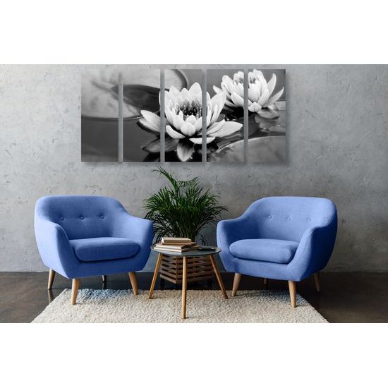 5-dielny obraz čiernobiele lekno v rieke