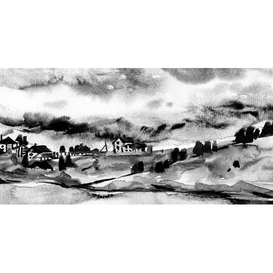 Obraz akavarelové Talianske mestečko v čiernobielom prevedení