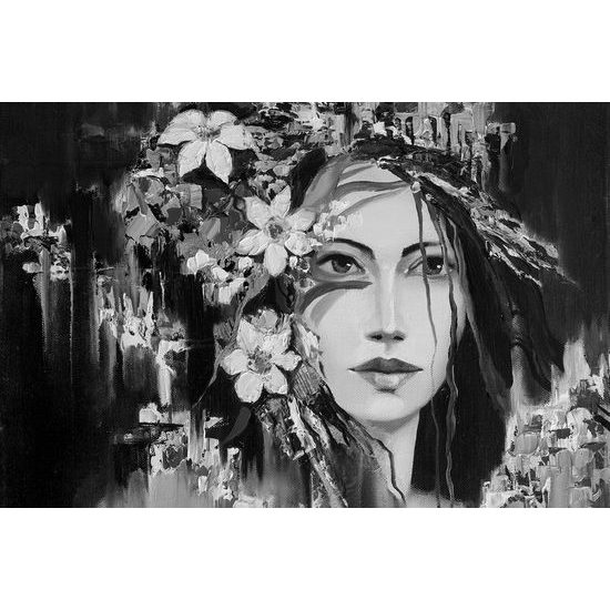 Samolepiaca tapeta čiernobiela maľba dievčaťa s kvetinami