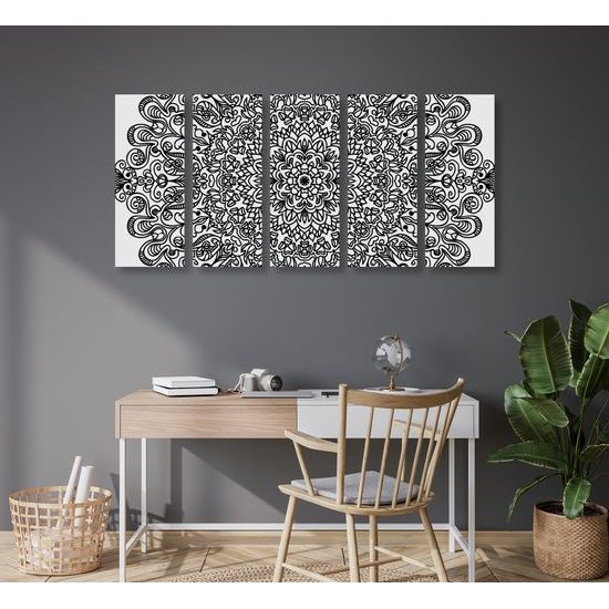 5-dielny obraz čiernobiela Mandala v štýle kvetov