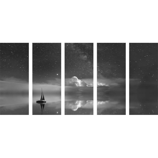 5-dielny obraz loďka pod ruškom tmy v čiernobielom prevedení
