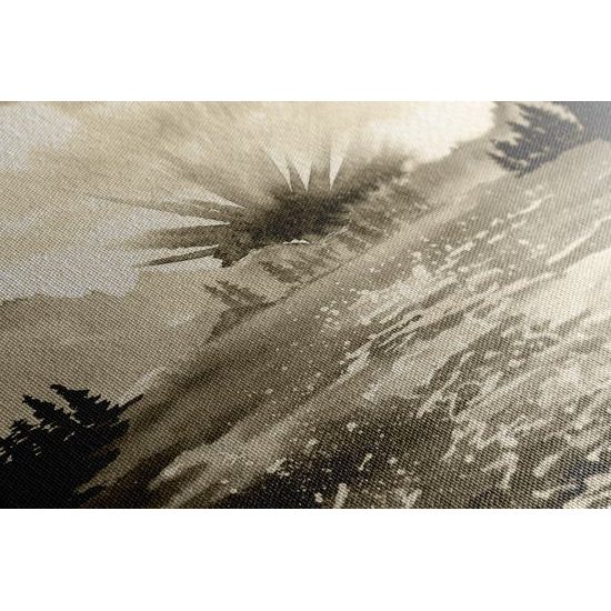 Obraz maľovaná horská krajinka v sépiovom prevedení